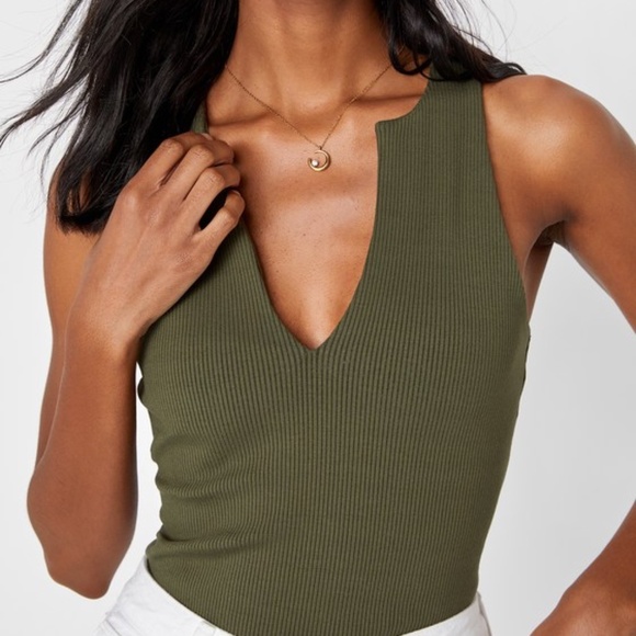 Lulus Trendy Endeavor Olive Green Ribbed Notched Tank Top - Size M - Picture 1 of 1